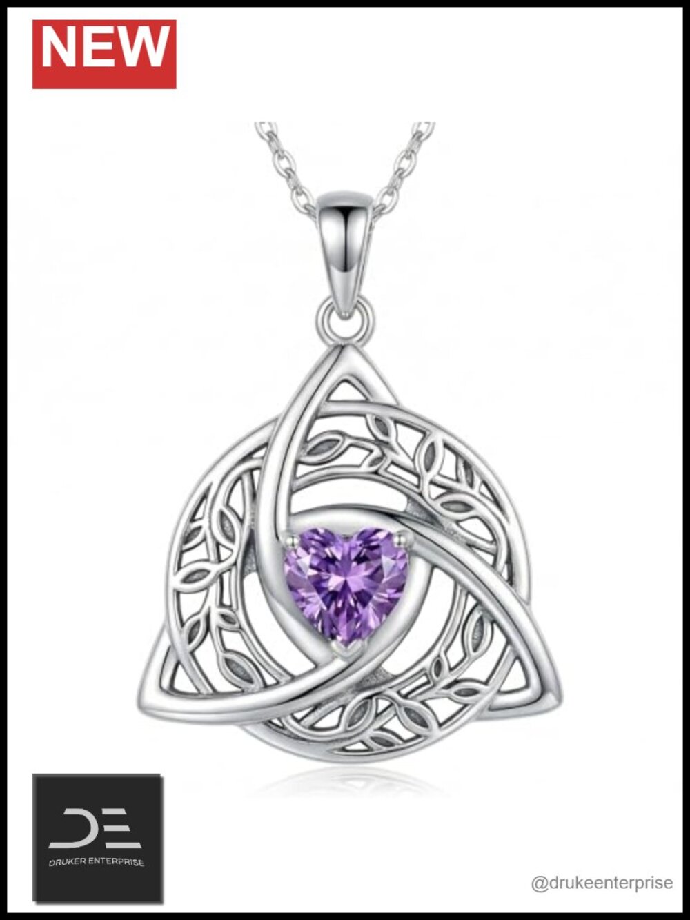 925 Sterling Silver Celtic Knot Necklace Heart Cut Amethyst Pendant
